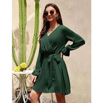 BBX Lephsnt Women’s Summer Casual Wedding Guest Dress Long Puff Sleeve V Neck Pleated Ruffle Flowy Belted Mini Dress Blackish Green