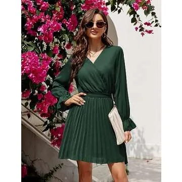 BBX Lephsnt Women’s Summer Casual Wedding Guest Dress Long Puff Sleeve V Neck Pleated Ruffle Flowy Belted Mini Dress Blackish Green
