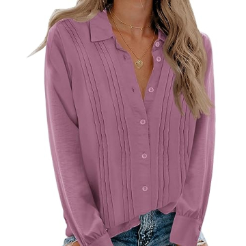 VVK Womens Button up Blouses Collared Casual Long Sleeve Linen Work Shirts Slim Fit Button Down Plea...