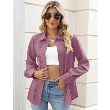 VVK Womens Button up Blouses Collared Casual Long Sleeve Linen Work Shirts Slim Fit Button Down Pleated Cotton Gauze Tops Purple Lavender Small