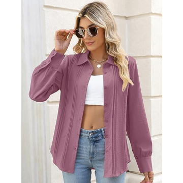 VVK Womens Button up Blouses Collared Casual Long Sleeve Linen Work Shirts Slim Fit Button Down Pleated Cotton Gauze Tops Purple Lavender Small