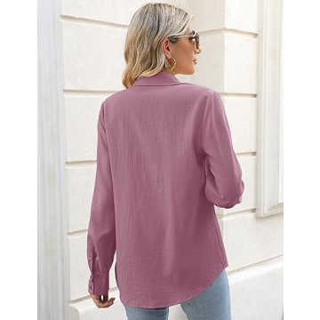 VVK Womens Button up Blouses Collared Casual Long Sleeve Linen Work Shirts Slim Fit Button Down Pleated Cotton Gauze Tops Purple Lavender Small