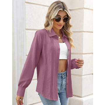 VVK Womens Button up Blouses Collared Casual Long Sleeve Linen Work Shirts Slim Fit Button Down Pleated Cotton Gauze Tops Purple Lavender Small