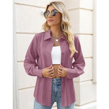 VVK Womens Button up Blouses Collared Casual Long Sleeve Linen Work Shirts Slim Fit Button Down Pleated Cotton Gauze Tops Purple Lavender Small