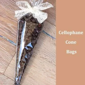 Large Cone Cellophane Bags,7x15 Inches 200 PCS Plastic Popcorn Cone Bags for Party, Clear Cone Shaped Treat Bags with Twist Ties