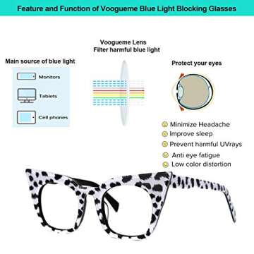Voogueme Black White Leopard Cat Eye Blue Light Glasses for Women Block UV Anti Eyestrain Eyewear Chandra WA096252-05, Medium