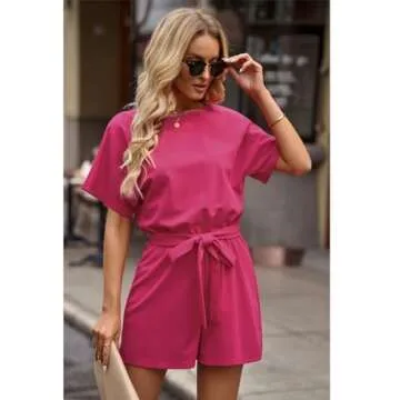 Vetinee Womens Hot Pink Summer Casual Belted Romper Keyhole Back Short Sleeve Jumpsuit Playsuit Medium Size 8 Size 10