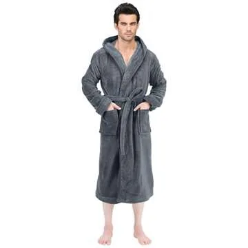 NY Threads Men's Hooded Plush Fleece Bathrobe Grey