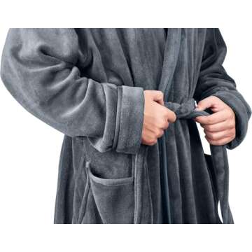 NY Threads Men's Hooded Plush Fleece Bathrobe Grey