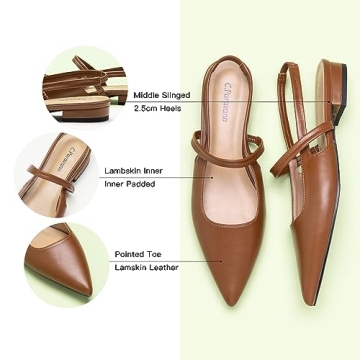 C.Paravano Women's Slingback Flats | Pointed Toe Flats Sandals | Ankle Strap Slingback Shoes | Comfort Leather Slip on Shoes | Casual Dress Shoes (Size 7.5, Brown)