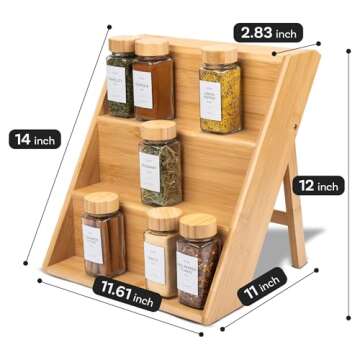 Bamboo Spice Rack Organizer for Kitchen Countertop (No Jars Included) – Sturdy 3-Tier Wooden Shelf, 11"D x 11.61"W x 14"H, Foldable Storage with Non-Slip Base