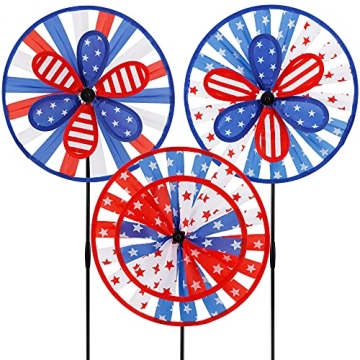 winemana 3 Pack Patriotic Pinwheel for Independence Day, 4th of July Decor Double Spinner Wheel, Ame...