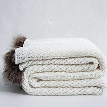 vctops Fur Pom Pom Knit Throw Blanket Super Soft Warm Cozy Cable Knitted Blanket for Sofa and Couch 51 x 63 Inch White