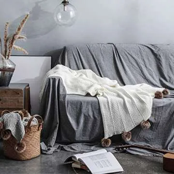 vctops Fur Pom Pom Knit Throw Blanket Super Soft Warm Cozy Cable Knitted Blanket for Sofa and Couch 51 x 63 Inch White