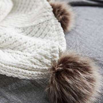 vctops Fur Pom Pom Knit Throw Blanket Super Soft Warm Cozy Cable Knitted Blanket for Sofa and Couch 51 x 63 Inch White