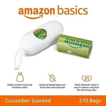 Amazon Basics Dog Poop Bags With Dispenser and Leash Clip, Cucumber Scented, 270 Count, 18 Pack of 15, 13 Inch x 9 Inch