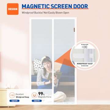 MAGZO Magnetic Screen Door Fit Door Size 30 x 80 Inch, Screen Size 32" x 81" Strong Magnet Door Mesh with Reinforced Hook & Loop for Patio Door, Sliding Door, French Door, White