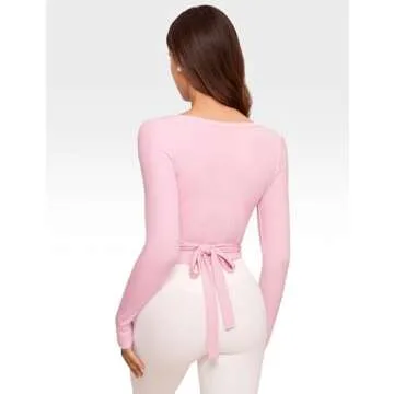 INGIA Womens V-Neck Long Sleeve Cross Wrap Top - Slim Fit Soft Knit Casual Yoga Gym Tops in Milk Pin...