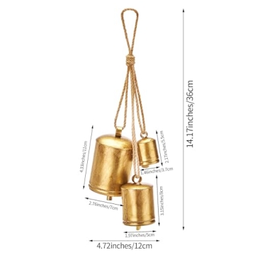 Christmas Bells for Decoration, Rustic Christmas Decor Vintage Style, Brass Shabby Chic Hanging Decorations Set of 3 (Brass)