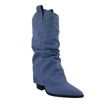 Yolkomo Women's Western Boots | Stylish Wide Calf Denim Boots | Size 8