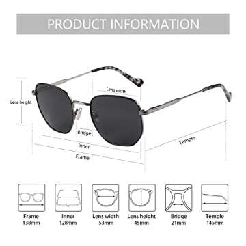 ZENOTTIC Hexagon Sunglasses for Men Women Polarized UV Protection Anti Glare Geometric Metal Frame Fashion Square Vintage Sun Glasses Shades for Driving Fishing Golf Grey