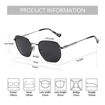 ZENOTTIC Hexagon Sunglasses for Men Women Polarized UV Protection Anti Glare Geometric Metal Frame Fashion Square Vintage Sun Glasses Shades for Driving Fishing Golf Grey