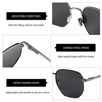 ZENOTTIC Hexagon Sunglasses for Men Women Polarized UV Protection Anti Glare Geometric Metal Frame Fashion Square Vintage Sun Glasses Shades for Driving Fishing Golf Grey