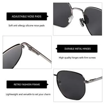 ZENOTTIC Hexagon Sunglasses for Men Women Polarized UV Protection Anti Glare Geometric Metal Frame Fashion Square Vintage Sun Glasses Shades for Driving Fishing Golf Grey