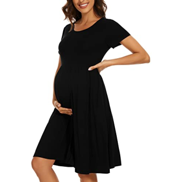 WOOXIO Women's Short Sleeve Maternity Dress Patchwork Pregnancy Clothes with Pockets Medium,Black