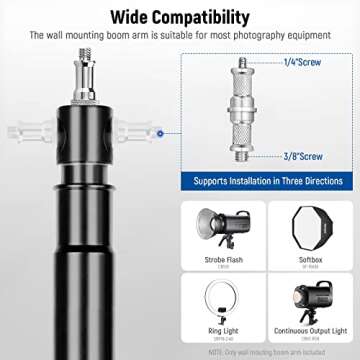 Neewer Wall Mounting Triangle Boom Arm for Photography Strobe Light, Monolight, Softbox, Umbrella, Reflector and Ring Light, Support 180 Degree Rotation, Max Length 4 Feet/125cm (Black)