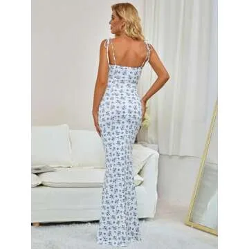 VKIHOC Women's Summer Bodycon Long Dress Tie Spaghetti Strap Sleeveless Backless Elegant Maxi Dresses Floral White L