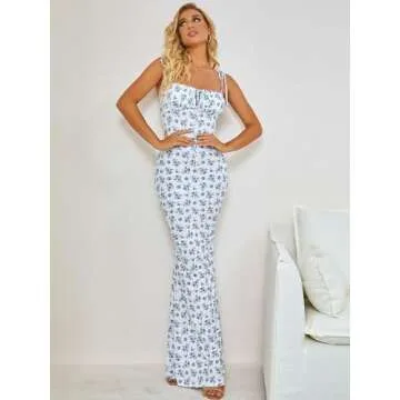 VKIHOC Women's Summer Bodycon Long Dress Tie Spaghetti Strap Sleeveless Backless Elegant Maxi Dresses Floral White L