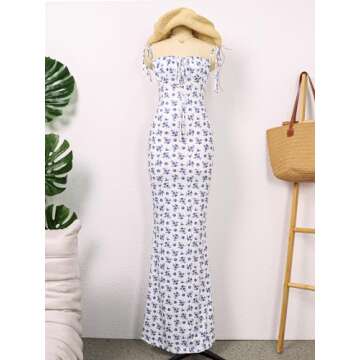VKIHOC Women's Summer Bodycon Long Dress Tie Spaghetti Strap Sleeveless Backless Elegant Maxi Dresses Floral White L