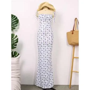 VKIHOC Women's Summer Bodycon Long Dress Tie Spaghetti Strap Sleeveless Backless Elegant Maxi Dresses Floral White L
