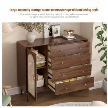 Messenya Drawer Dresser with Rattan Finish for Bedroom Furniture.Wood Dressers & chests of Drawers,Beveled Edge Design.Hand-Polished.Bedroom Storage and Dresser Organizer for Living Room (TD02)