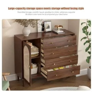 Messenya Drawer Dresser with Rattan Finish for Bedroom Furniture.Wood Dressers & chests of Drawers,Beveled Edge Design.Hand-Polished.Bedroom Storage and Dresser Organizer for Living Room (TD02)