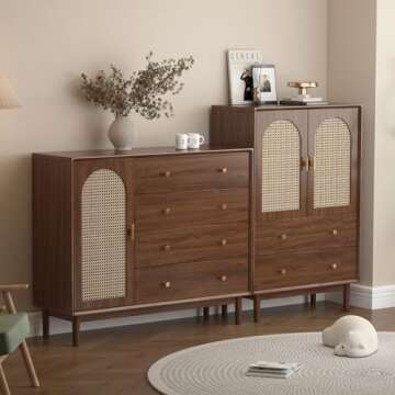 Messenya Drawer Dresser with Rattan Finish for Bedroom Furniture.Wood Dressers & chests of Drawers,Beveled Edge Design.Hand-Polished.Bedroom Storage and Dresser Organizer for Living Room (TD02)