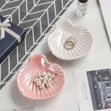 BESSKON Shell Jewelry Ring Holder, Cute Room Decor Seashell Tray, Small Ceramic Plate Bowl, Engagement Ring Trinket Dish, Wedding Jewelry Tray for Earrings, Keys, 3.9"