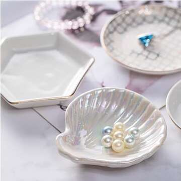 BESSKON Shell Jewelry Ring Holder, Cute Room Decor Seashell Tray, Small Ceramic Plate Bowl, Engagement Ring Trinket Dish, Wedding Jewelry Tray for Earrings, Keys, 3.9"