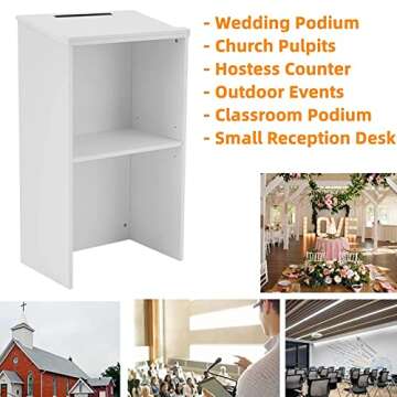 Panana Podium Stand- Portable Podium Stand Hostess Stand Desk with Adjustable Shelf for Churches, Lectern Classrooms, Office (White)