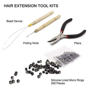 Ryalan Professional Hair Extension Kit Plier Plus Pulling Hook Bead Device and Loop Needle Tool Kits with 200 Pieces Silicone Lined Micro Rings 10 Feather Hair 120 Strands Tinsel Hair (200Pcs Brown)