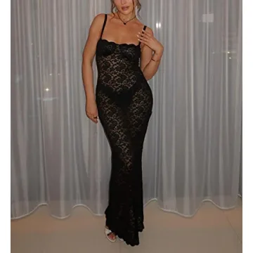 Sexy Lace Maxi Dress Floral Mesh Open Back Bodycon