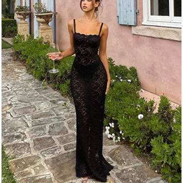 Sexy Lace Maxi Dress Floral Mesh Open Back Bodycon