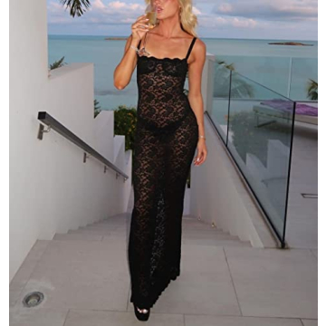 Sexy Lace Maxi Dress Floral Mesh Open Back Bodycon