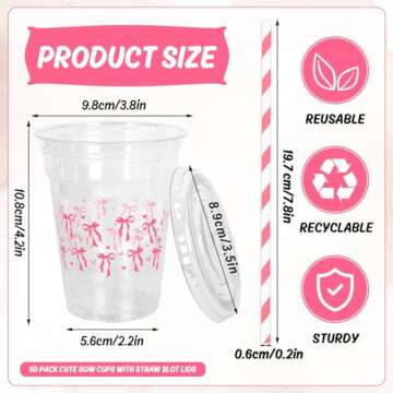 JarThenaAMCS 50Pcs Pink Bow Disposable Plastic Cups with Lids and Straws 12oz Cute Bow Heart Cold Be...