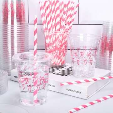 JarThenaAMCS 50Pcs Pink Bow Disposable Plastic Cups with Lids and Straws 12oz Cute Bow Heart Cold Beverage Drinking Cups for Bridal Shower Wedding Birthday Party Supplies