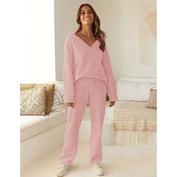 MEROKEETY Lounge Sets for Women Fall Long Sleeve V Neck Knit Pullover Sweater Top and Wide Leg Pants,Pink,S