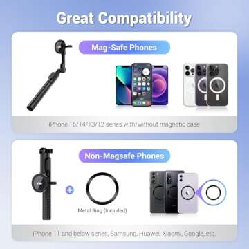 KIWIFOTOS Mini Magnetic Tripod for iPhone MagSafe Selfie Stick with Wireless Remote for iPhone 16 15 14 Travel Vlogging Video Recording Cell Phone Tripod Stand for Samsung Google Pixel