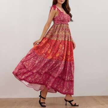 Women Summer Maxi Dress Floral Smocked Shirred Long Dress Boho Sleeveless Tie Shoulder Sundress （Cute red，Small）