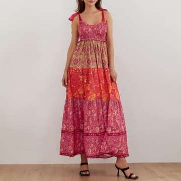 Women Summer Maxi Dress Floral Smocked Shirred Long Dress Boho Sleeveless Tie Shoulder Sundress （Cute red，Small）